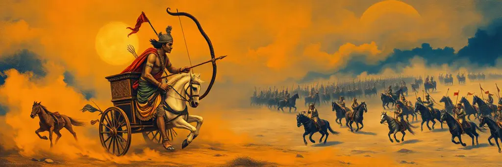 Krishna and Arjuna on their chariot before the two armies